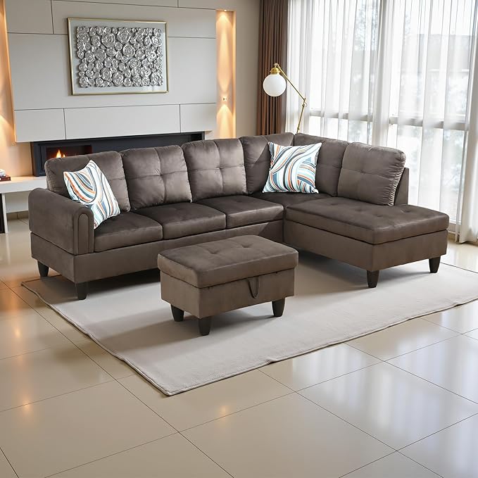 Couches for Living Room Modern L Shaped Couch Comfy Flannel Fabric 3 Pieces - Image 4