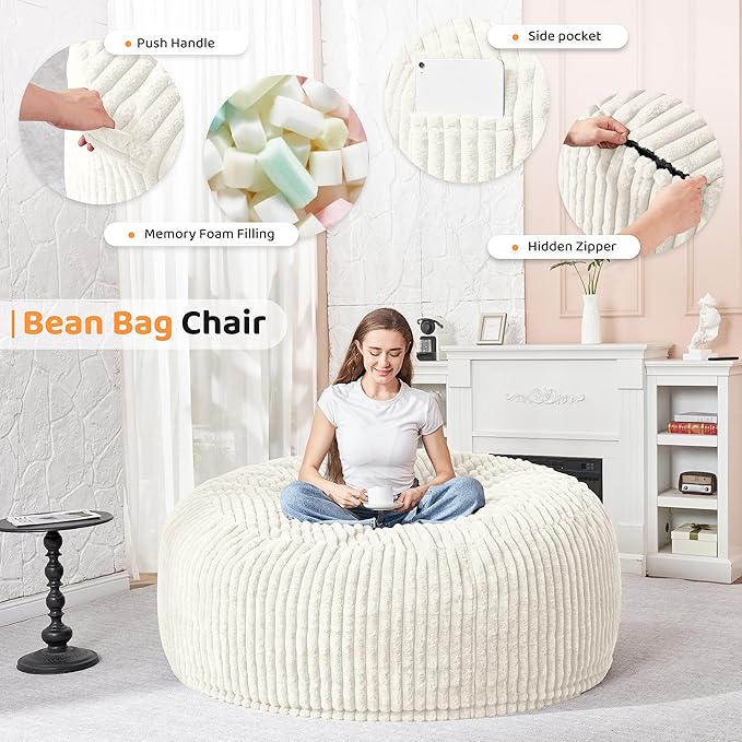 HABUTWAY 3FT Bean Bag Chair, Memory Foam Beanbag Chair - Image 3