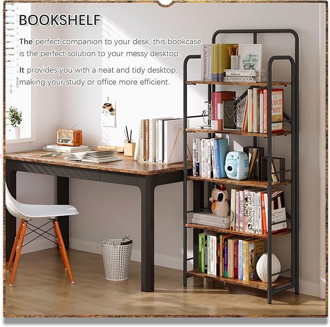 4NM No Assembly Folding Bookshelf 5 Tiers Vintage Industrial Black Book Shelf - Image 4