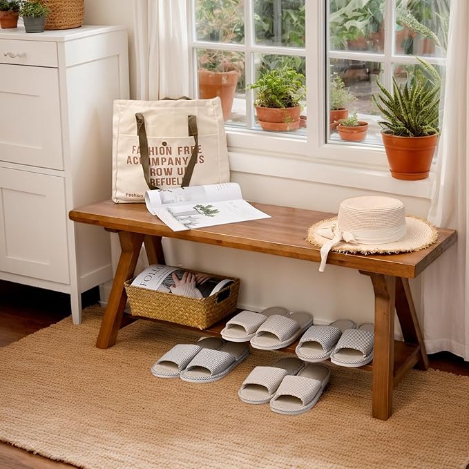 43 Inch Farmhouse Storage Bench, Rustic Solid Wood Entryway Bench - Image 4