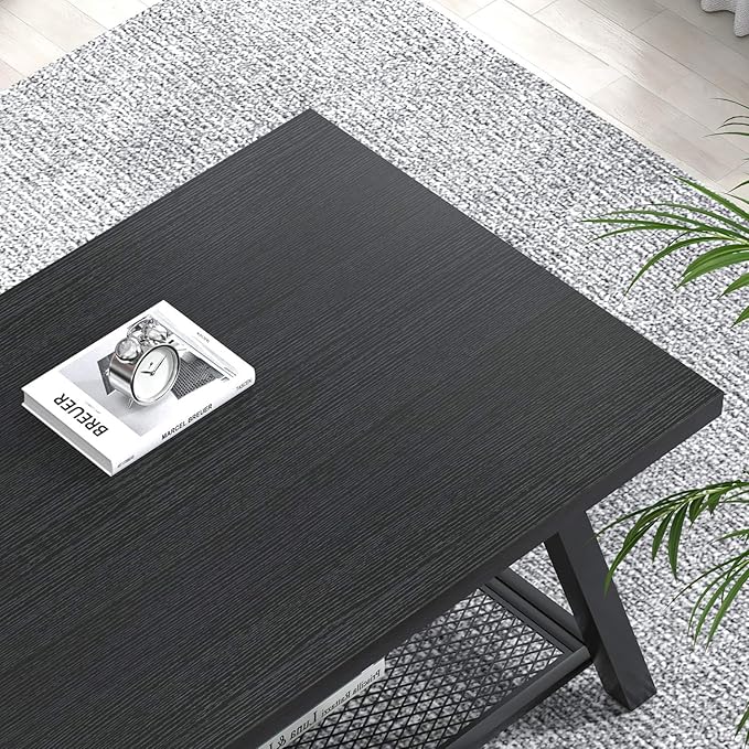 FOLUBAN Black Coffee Table, Modern Rustic Wood and Metal Living Room Table - Image 5