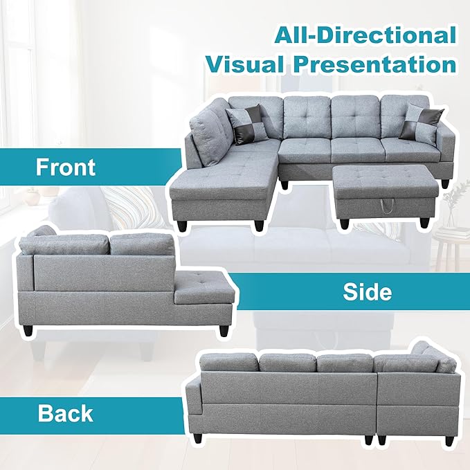 L Shaped Couch Modern Sectional Couch Upholstered Linen Fabric 3 Pieces Sofas - Image 6