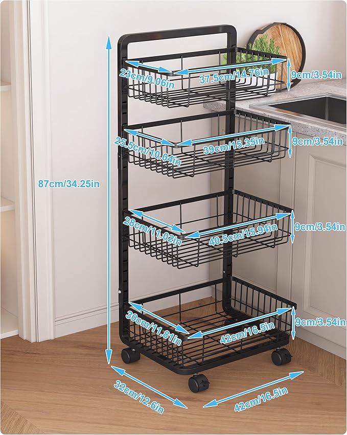 UMDONX 4-Tier Kitchen Storage Cart Metal Snack Cart Adjustable Fruit Basket on - Image 5