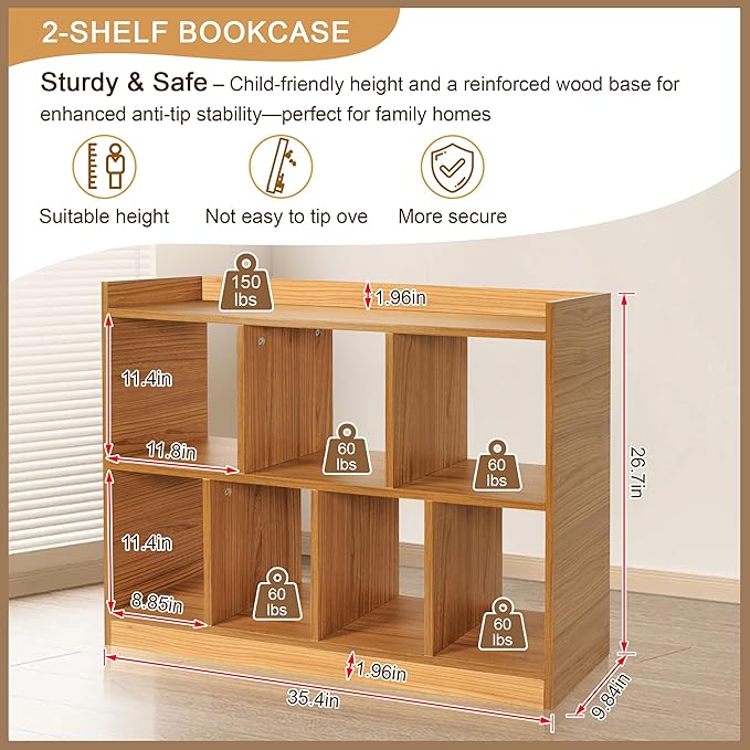 DOUSY- 7 Cube Bookshelf, Open Wooden Bookcase - Image 2