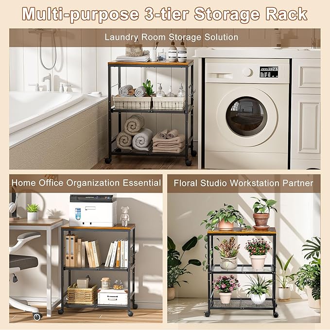 Microwave Cart with Adjustable Drawer Slider Shelves, 3 Tier Rolling Kitchen - Image 7