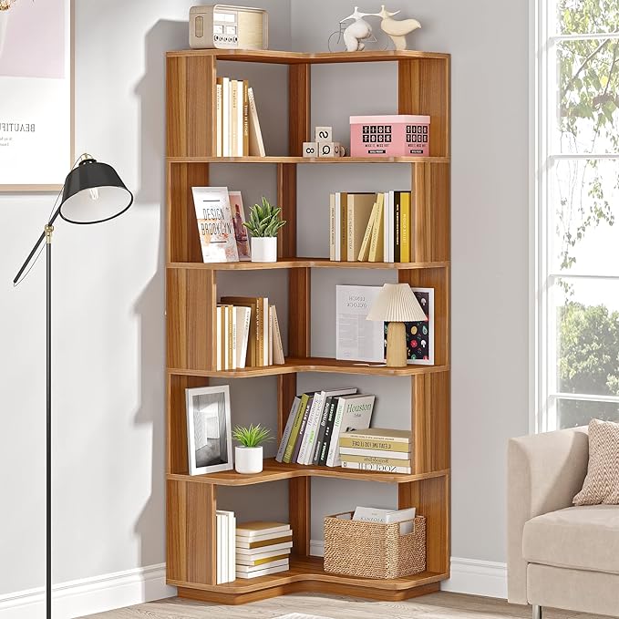 LITTLE TREE 6-Shelf Corner Bookshelf, 65” Tall L Shaped Bookcase, 6-Tier - Image 2