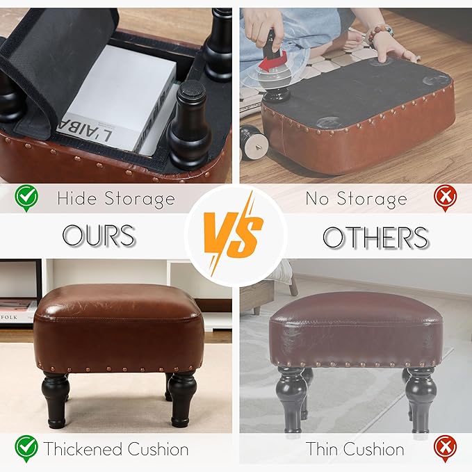 Ottoman Leather Foot Rest with Thicker Foam Padded Seat, Footstool with Wooden - Image 2