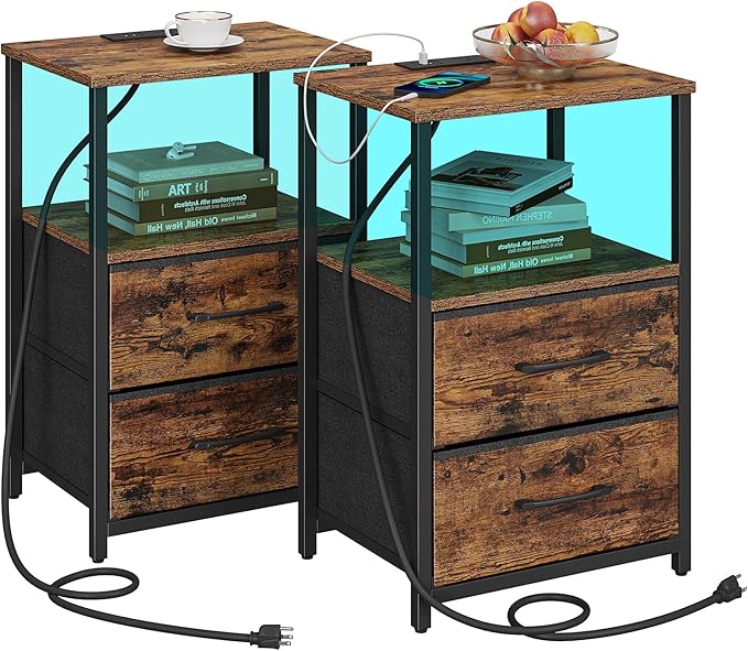 TUTOTAK LED End Table with Charging Station, Nightstand with Cloth Drawer by WelcometotheTUTOTAKHome