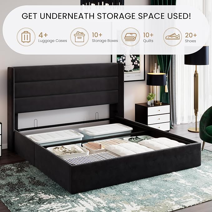 SHA CERLIN King Size Lift Up Storage Bed/Velvet Upholstered/Modern Wingback - Image 3