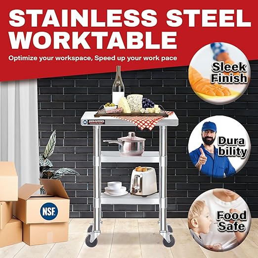 DuraSteel Stainless Steel Work Table 24" x 12" x 34" Height w/ 4 Caster Wheels - Image 3