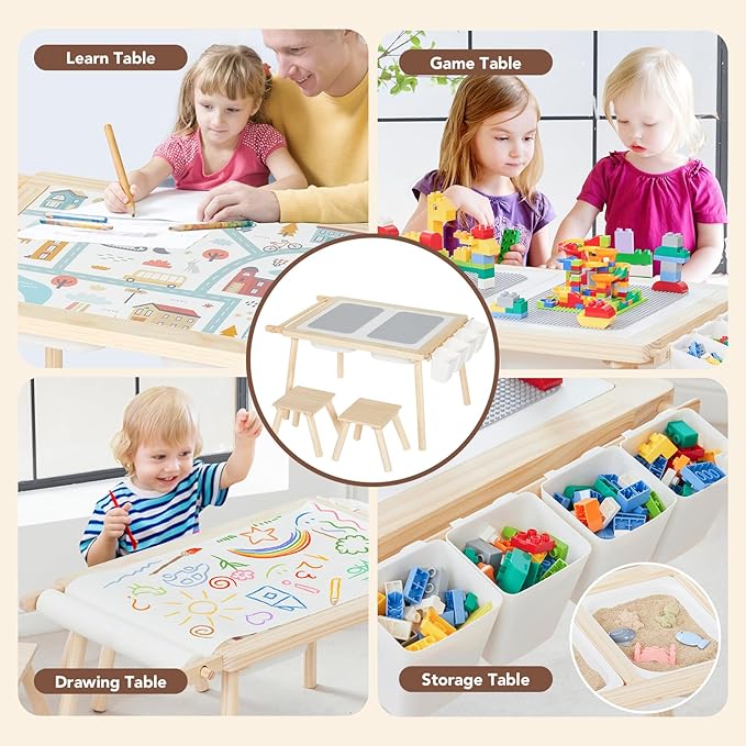 5-in-1 Kids Sensory Table and Chair Set – Wooden Sand and Water Play, Building - Image 4