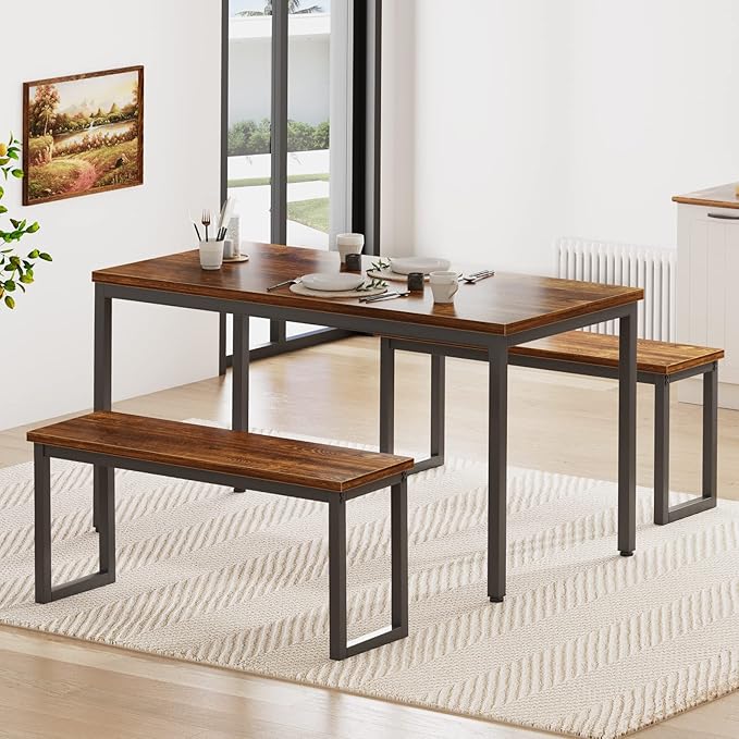soges Kitchen Table Set with 2 Benches, Bench Dining Table Set - Image 2