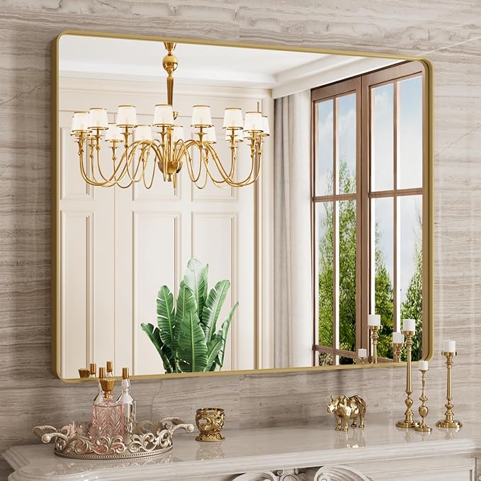 Gold Bathroom Mirror, 40x32 Inch Brushed Gold Metal Frame Mirror by JISOSO