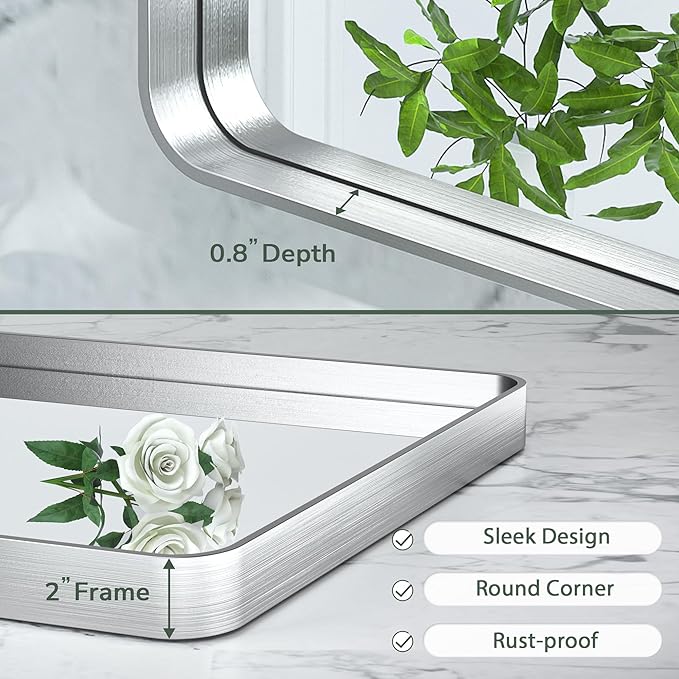 TokeShimi 42x36 Inch Brushed Silver Bathroom Mirror - Image 4
