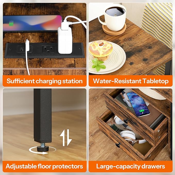 HOOBRO End Table Set of 2 with Charging Station, Nightstand with 2 Drawer & USB - Image 9