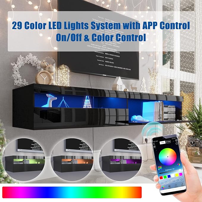 Floating TV Stand with Led Lights, 71 inch Wall Mounted TV Shelf with Power - Image 2