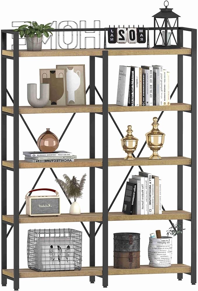 FATORRI Bookshelf, 5 Tier Industrial, Tall Etagere Bookcase, Rustic Wood and - Image 6