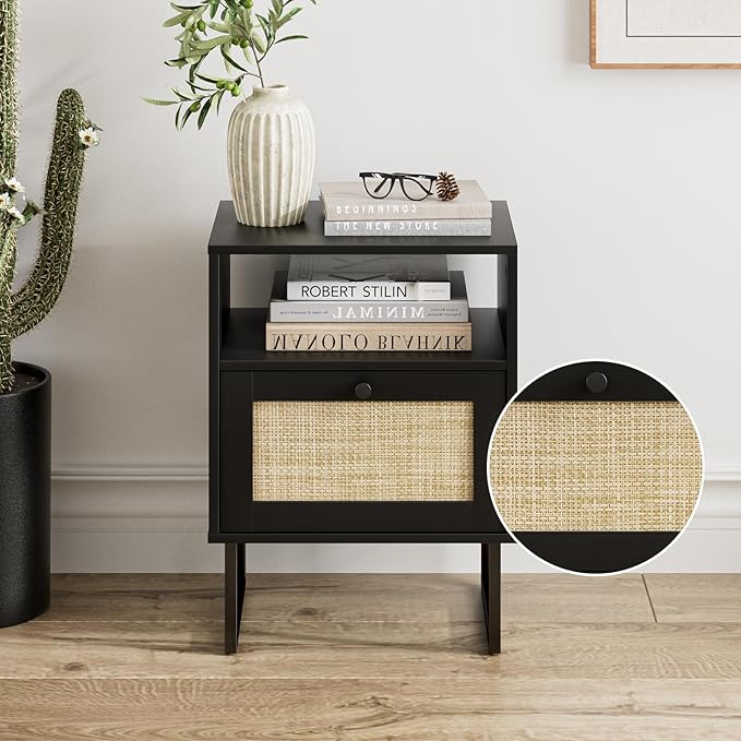 Masupu Rattan Nightstand, Boho Night Stand Modern Farmhouse Wood Bedside Table - Image 9