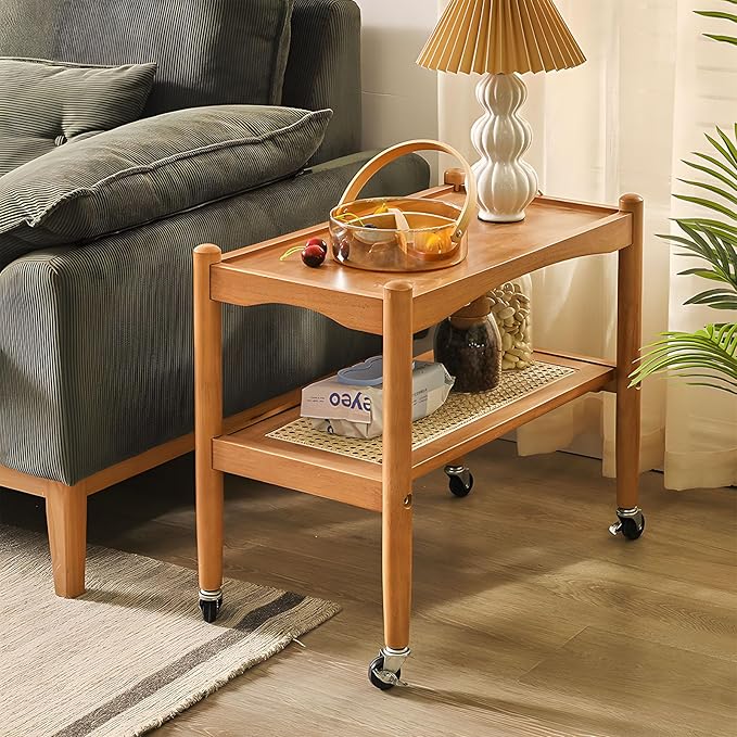Rattan Side Table with Wheels, Small End Table with Storage, Narrow Wooden Bed by Cttasty