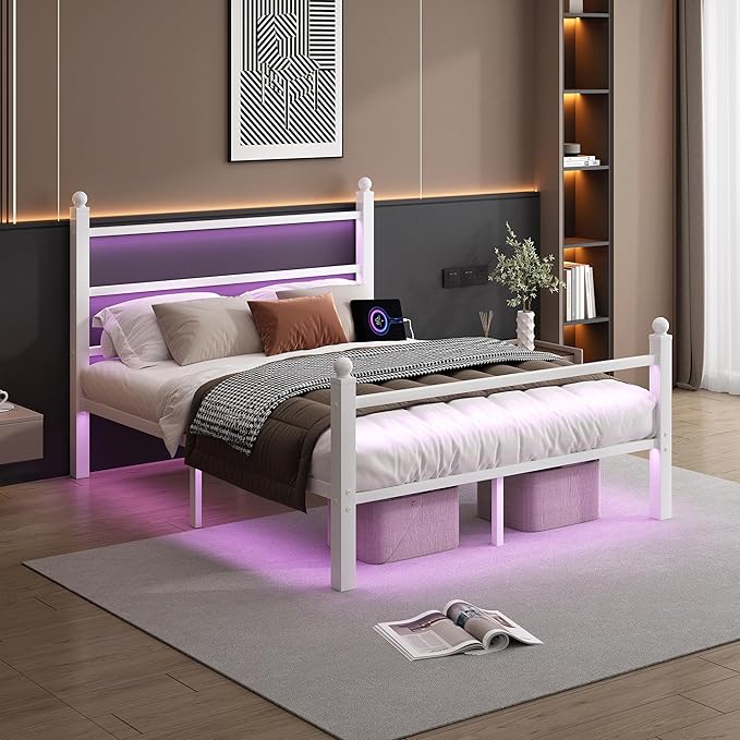 Full Size Bed Frame with Headboard and Footboard, Steel Slats Support-LED Bed - Image 6