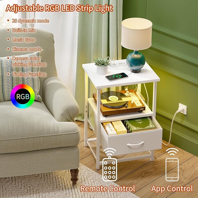 Fixwal Night Stand with Charging Station, LED Nightstand with Fabric Drawers - Image 4