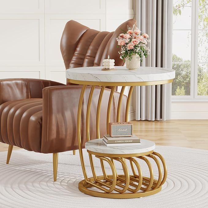 Tribesigns Gold Round End Table: 2 Tiers Side Table Set of 2 - Image 5
