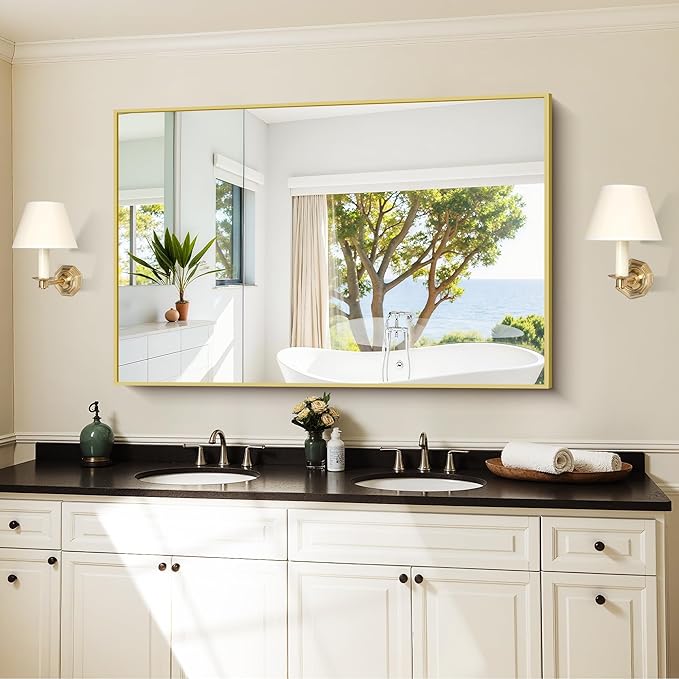 KOCUUY 30x48 Inch Large Gold Wall Mounted Mirror, Aluminum Framed Decorative by KOCUUY