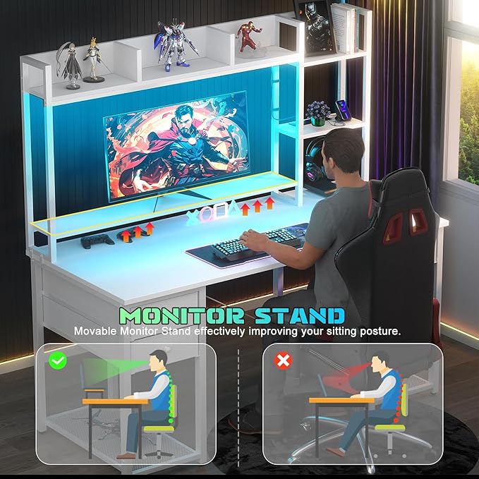 Aheaplus Desk with LED and Outlets, Gaming Desk with Hutch, 47.2'' Computer - Image 7