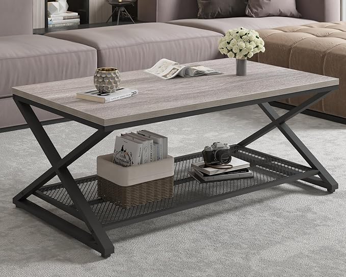 LVB Gray Coffee Table with Storage, Farmhouse Metal Wood 2 Tier Center Table - Image 3