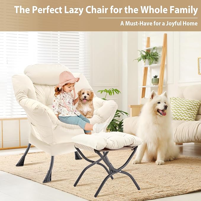 Lazy Chair with Folding Ottoman, Accent Chair Velvet Upholstered with Metal - Image 4