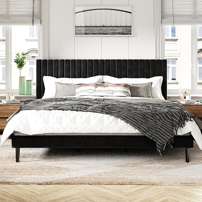 King Size Bed Frame with Velvet Upholstered Headboard, Platform Bed with Strong by SISMPLLY