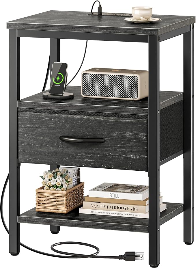 SUPERJARE Nightstand with Charging Station, Bed Side Table with Adjustable by SUPERJARE