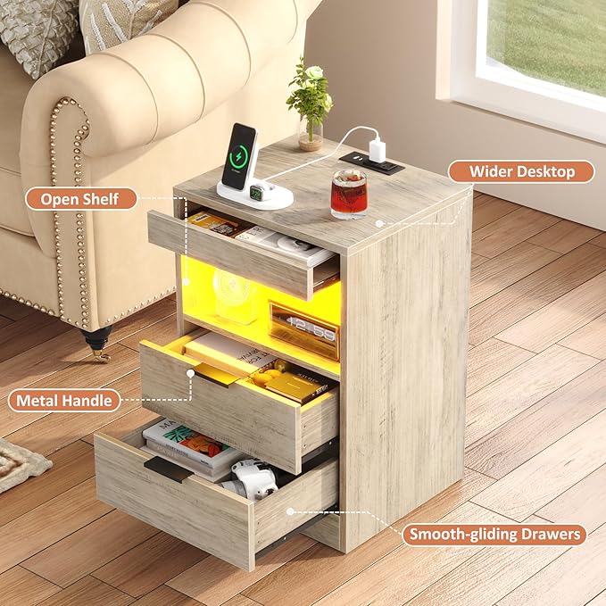 Gadroad LED Nightstand with Charging Station, Bedside Table with 3 Drawers and - Image 5