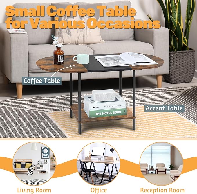 Coffee Tables for Living Room, 2-Tier Small Coffee Table Farmhouse Oval Center - Image 6