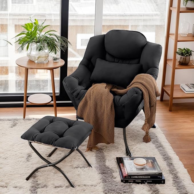 Lazy Chair with Ottoman, Comfy Fabric Accent Lounge Arm Chair with Lumbar - Image 4