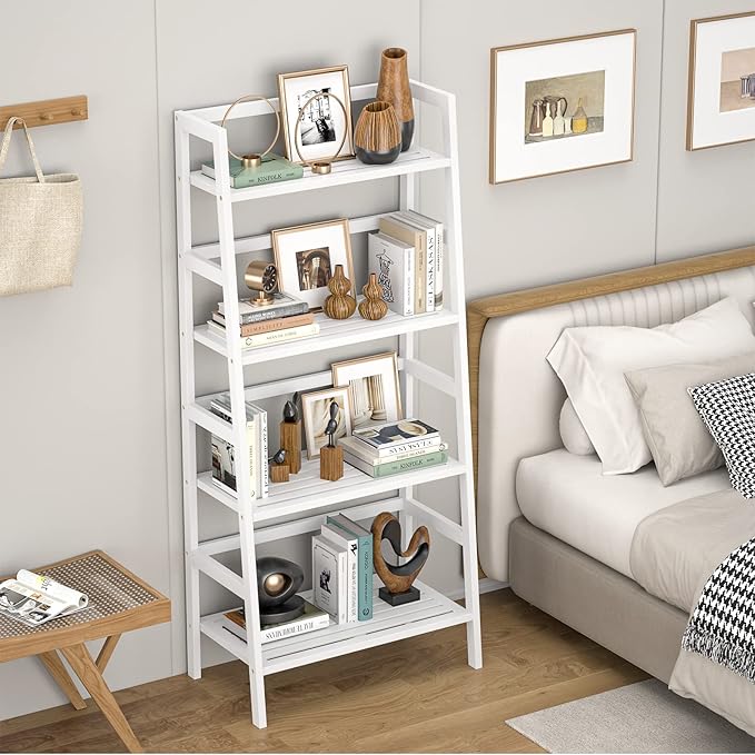 Homykic Bamboo White Bookshelf 4-Tier Ladder Shelf, 49.2” Freestanding Open - Image 4