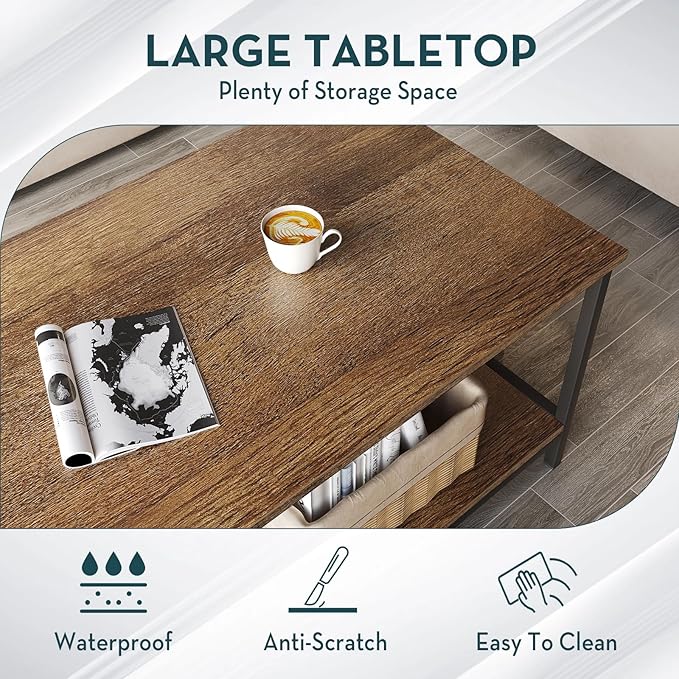SAYGOER Coffee Table with Storage 2-Tier Industrial Center Table - Image 6