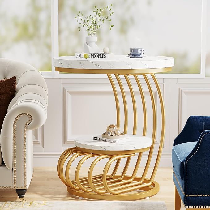 Tribesigns Gold Round End Table: 2 Tiers Faux Marble Side Table - Image 7