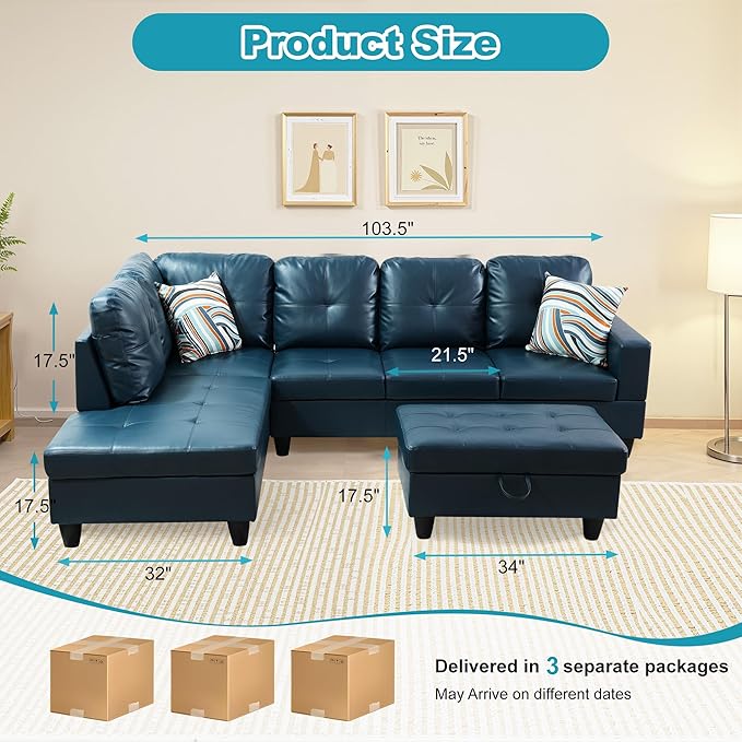L Shaped Couch PU Leather Sectional Couch Upholstered 3 Pieces Sofas - Image 2