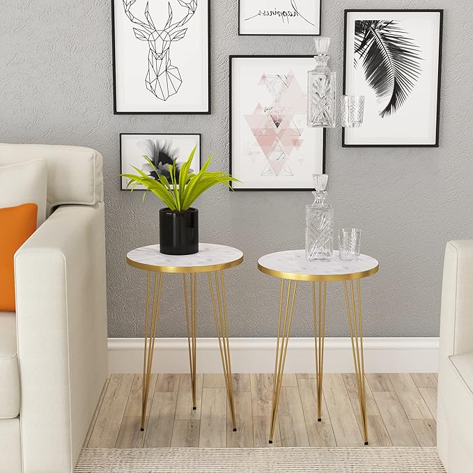 PAK HOME - Set of 2 End Table - High Gloss White Marble Look - Image 3