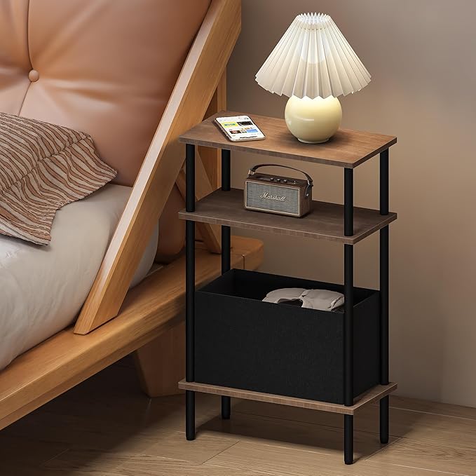 Narrow Side Table with Fabric Basket, Slim Nightstand with 3-Tier Storage Shelf - Image 8