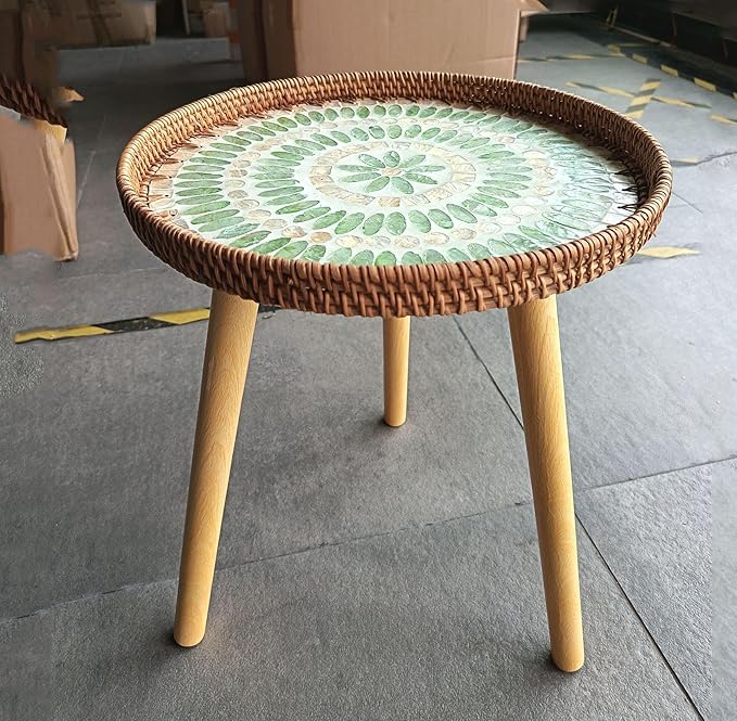 Rattan Round Side Table, Mother of Pearl Inlay Table, Round End/Side Tables by LANYANZI