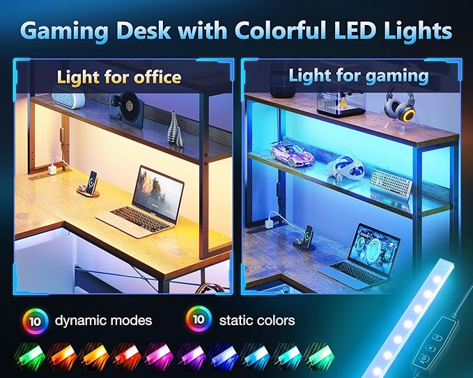 Casaottima Gaming Desk with Power Outlets & LED Lights, 43 Inch Reversible L - Image 4