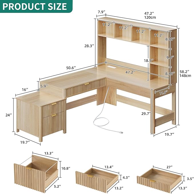 YITAHOME L Shaped Desk with Hutch and Drawers, Wood Home Office Desk with - Image 2