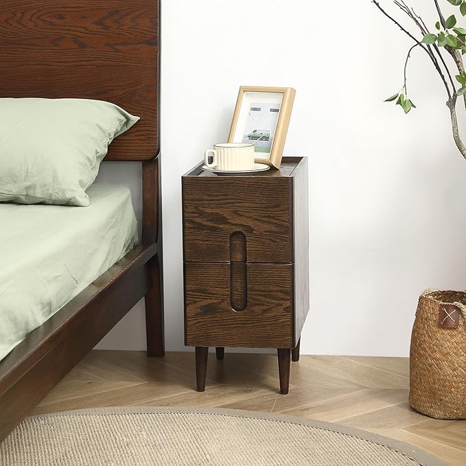 Solid Wood Bedside Table Nightstands, Slim Narrow Oak Real Wooden Mid-Century by AutoHenair