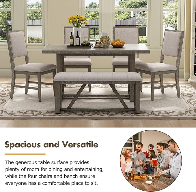 Merax Farmhouse Wooden Dining Set of 6, 59.6 inch Kitchen Table - Image 3