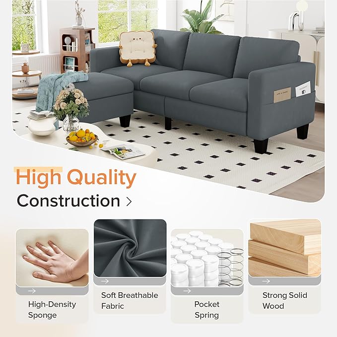 ZeeFu Convertible Sectional Sofa Couch, Classic 3 Seat L-Shaped Sofa - Image 5
