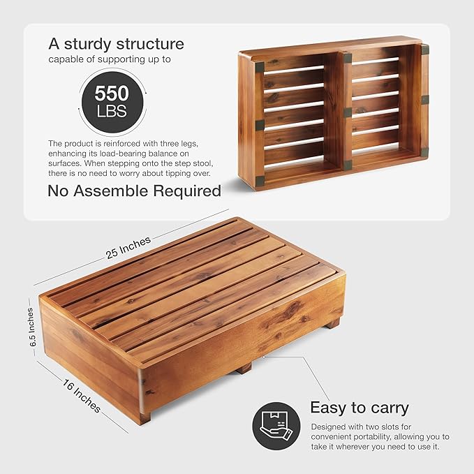 TINAMO 6.5" One Step Stool for Elderly, Acacia Wood High Riser Step Stool for - Image 2