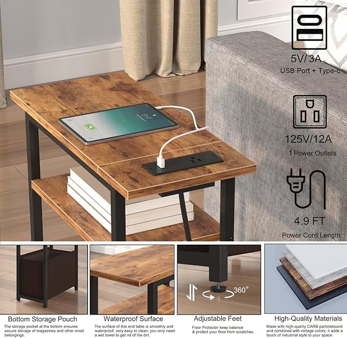 Narrow Side Table with Charging Station Set of 2, Small End Table - Image 4