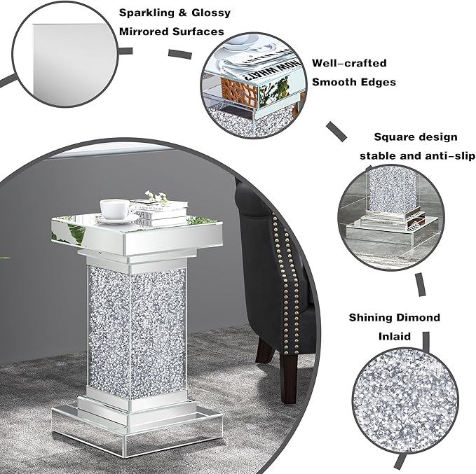 ENENE Mirrored End Table Crushed Diamond Coffee Table - Image 4